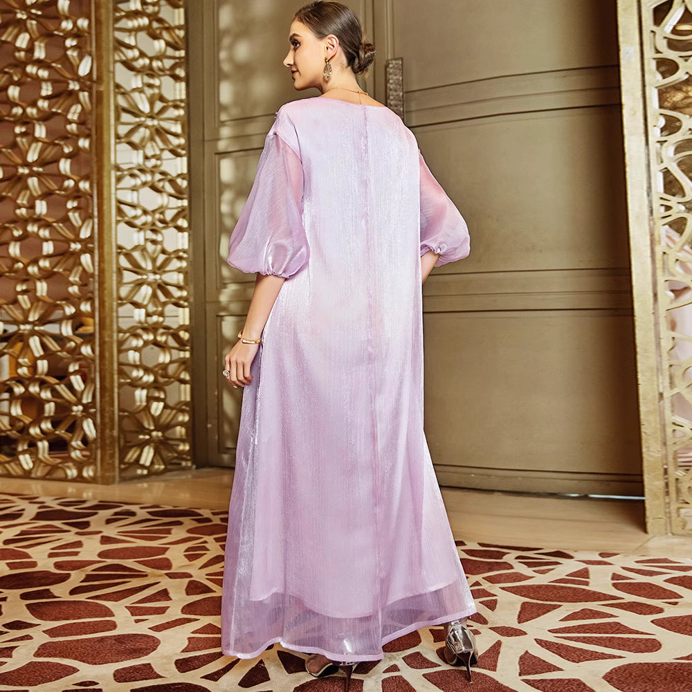 فستان عمودي بأكمام منفوخة وتطريزات زهرية - أميكسرا
