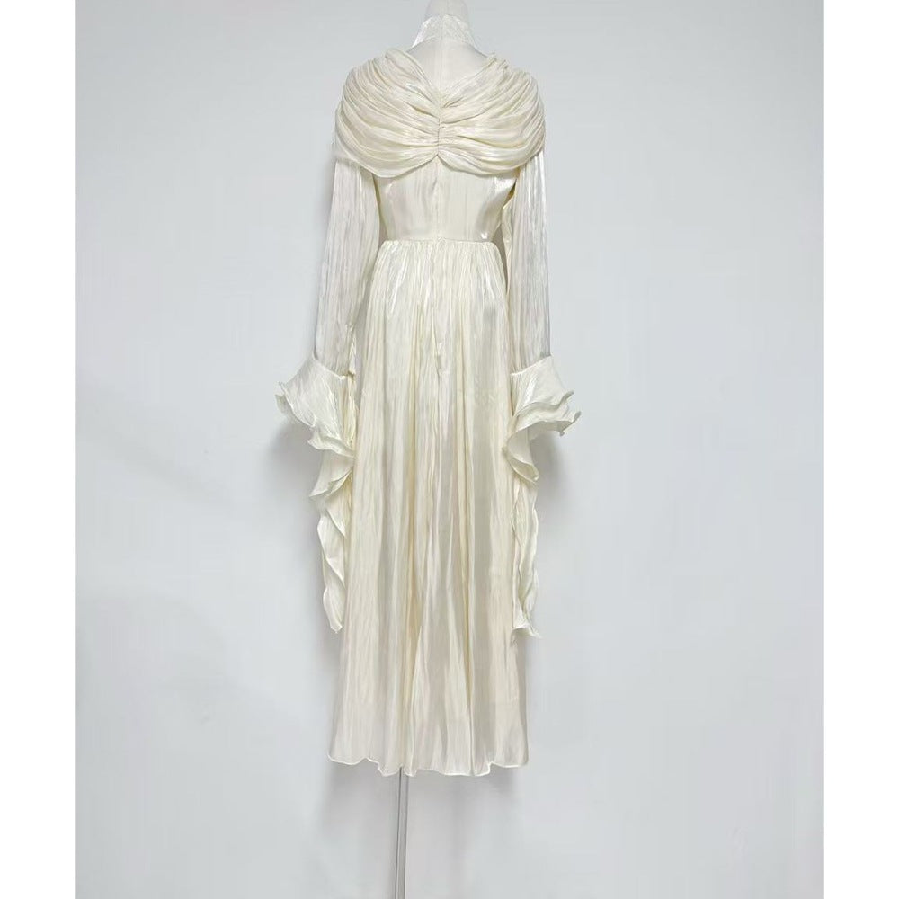 draped satin midi dress with ruffled sleeves – ROSALINE