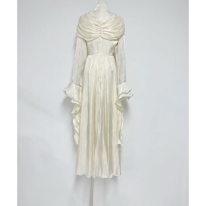 draped satin midi dress with ruffled sleeves – ROSALINE