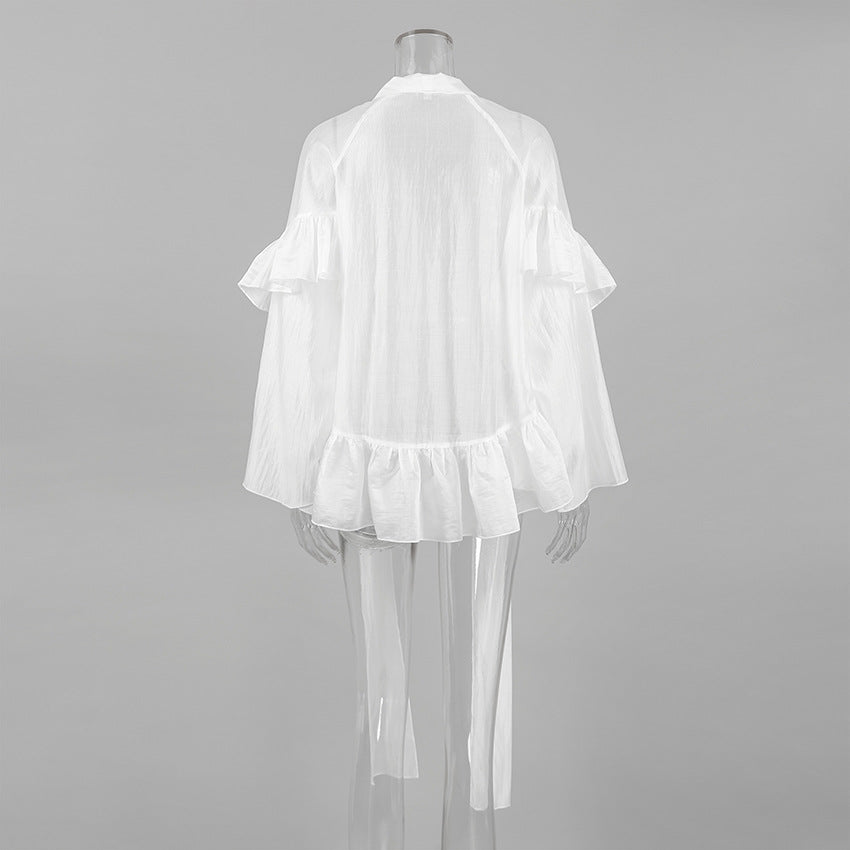 sheer ruffle-sleeve blouse with cascading ties – ELYSIA