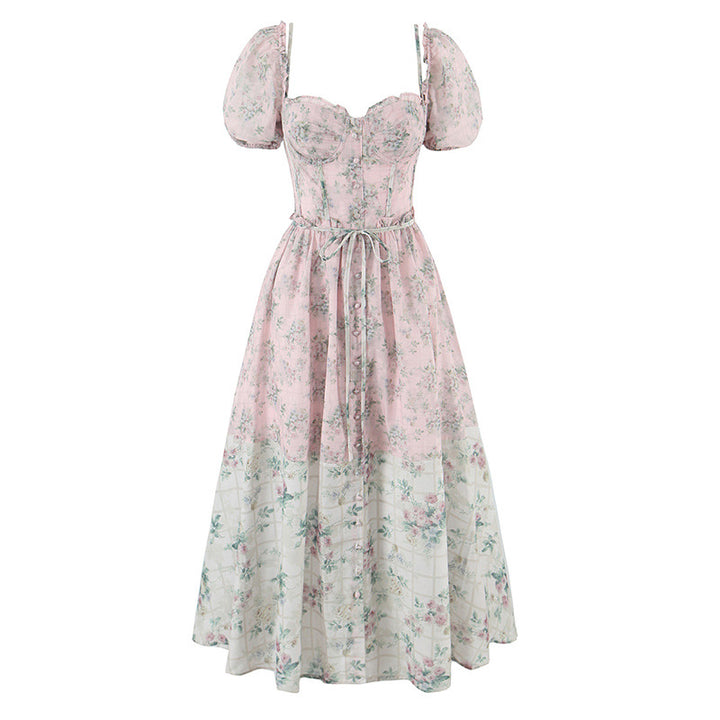 puff-sleeve corset dress with layered floral skirt – AKIALZU