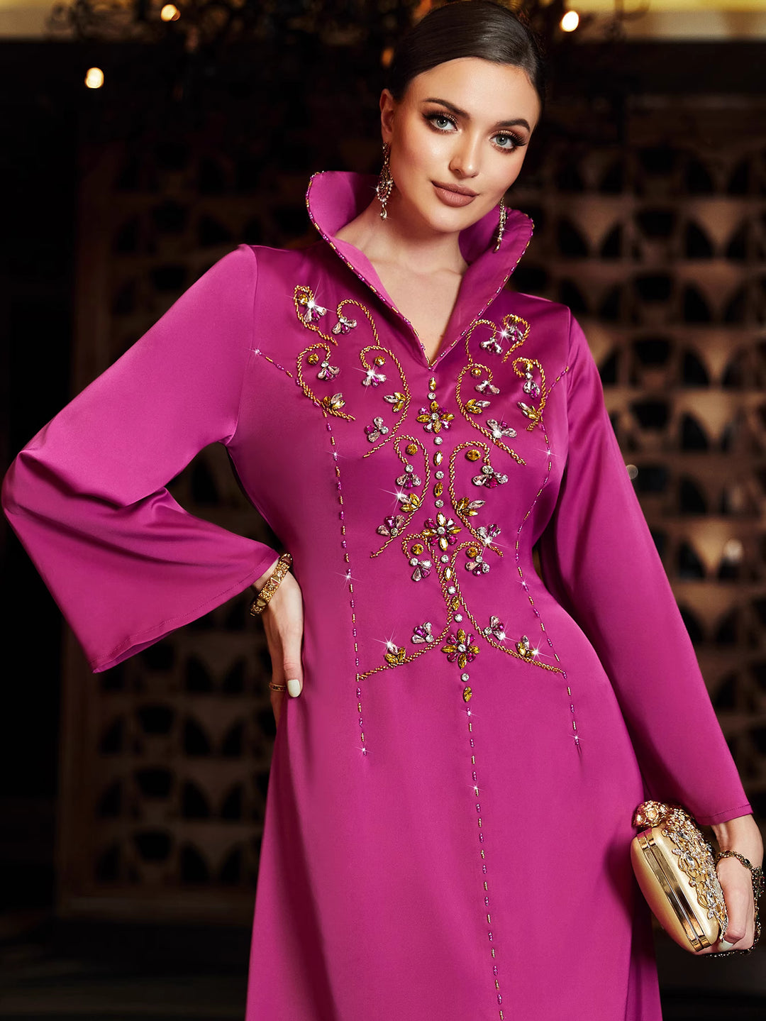 long sleeve column dress with embellished collar - FARAH