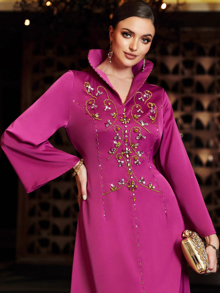 long sleeve column dress with embellished collar - FARAH