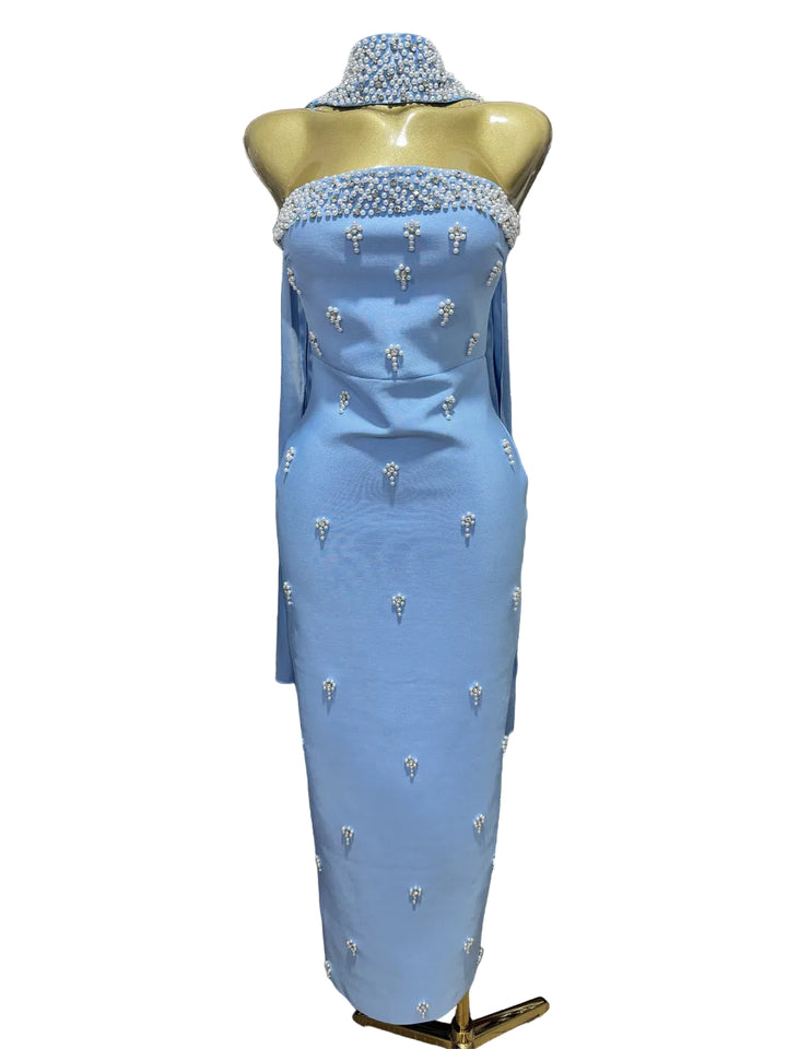 strapless fitted midi dress with pearl embellishments and choker detail – PEARL