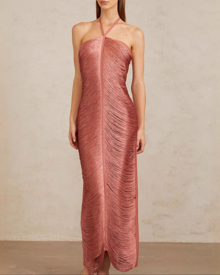 halter metallic pleated gown – RUBINA