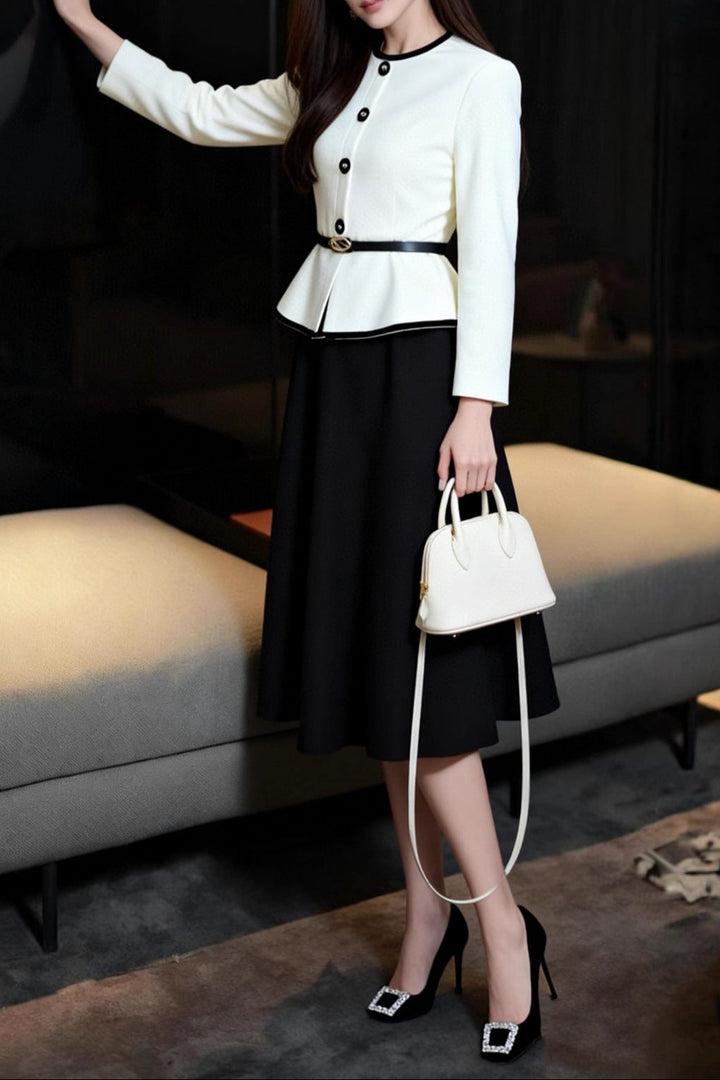 peplum jacket dress with contrast buttons – NOIR