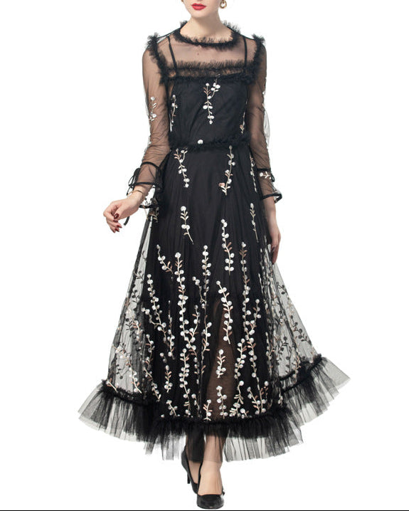 embroidered tulle gown with sheer sleeves – NOIR
