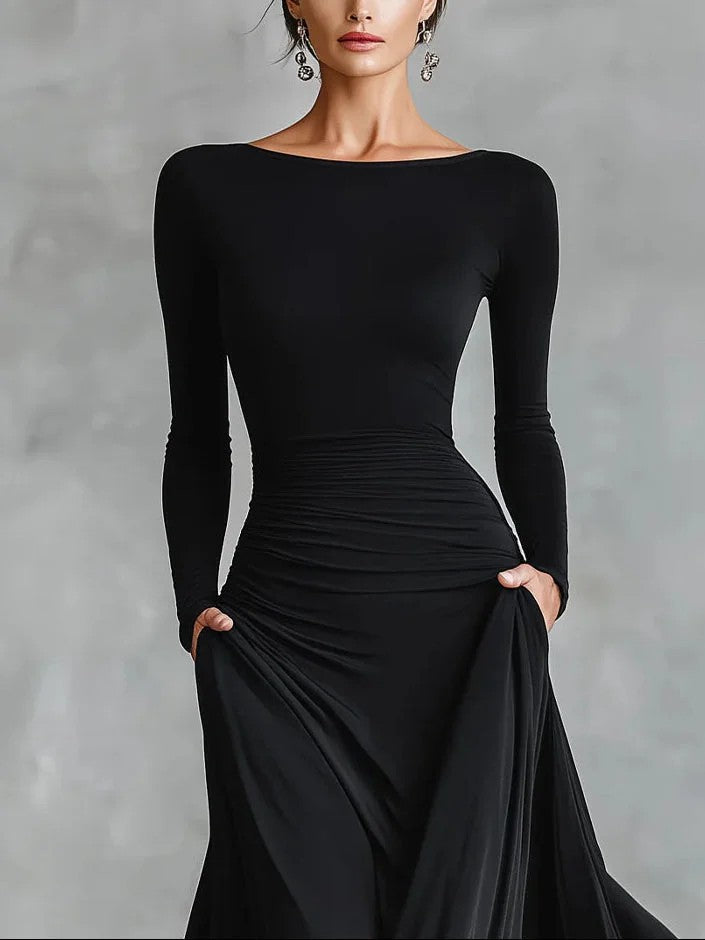 ruched waist long-sleeve flowing maxi dress – NOCTURNE