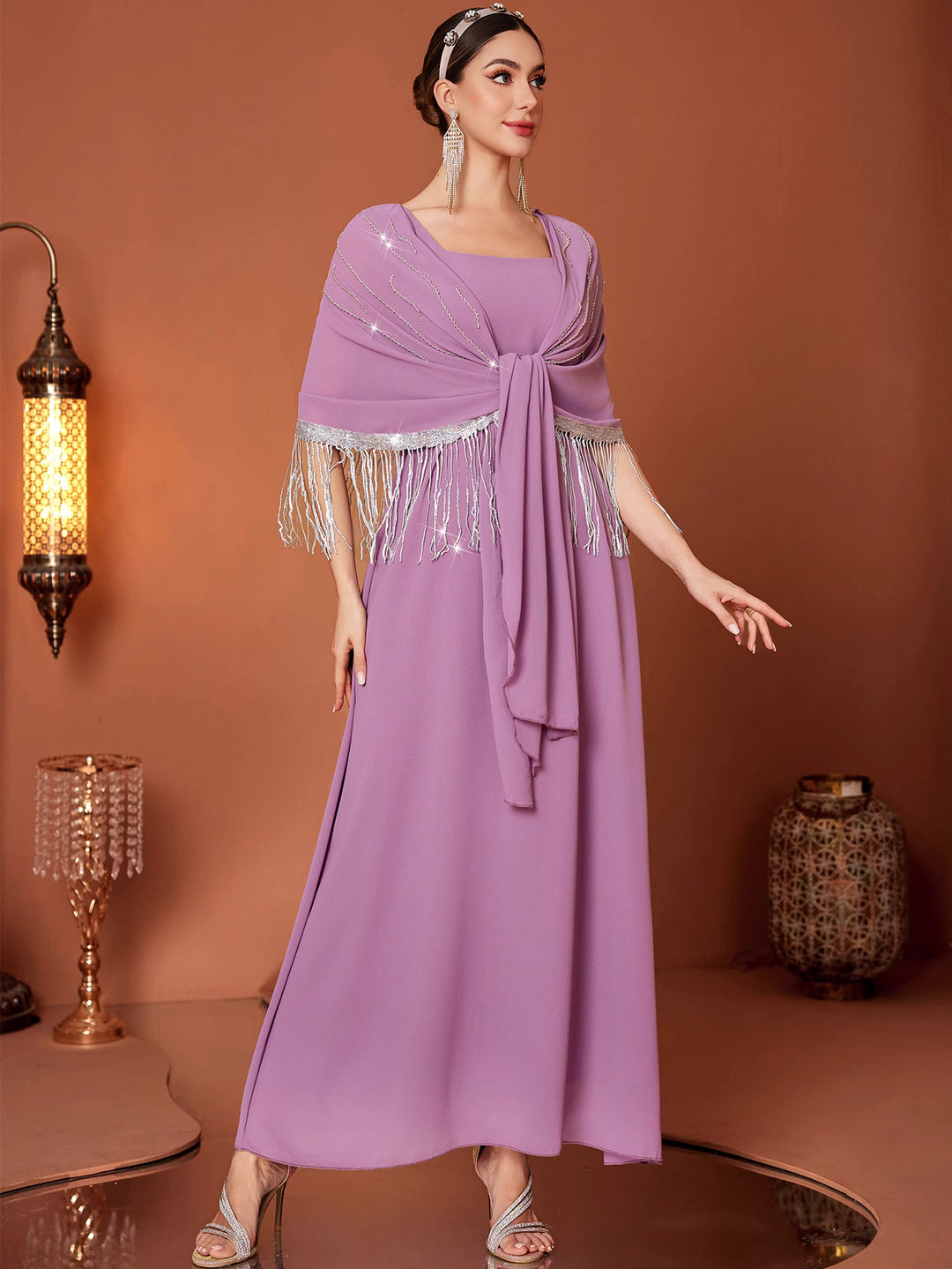 sleeveless column dress with draped fringe cape - AMIXUNA