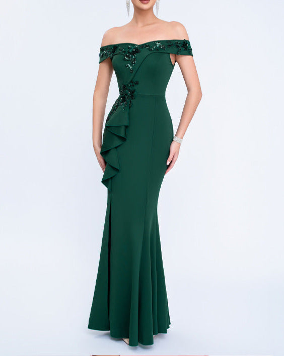 off-shoulder gown with floral appliqué and side ruffle – SERENATJI