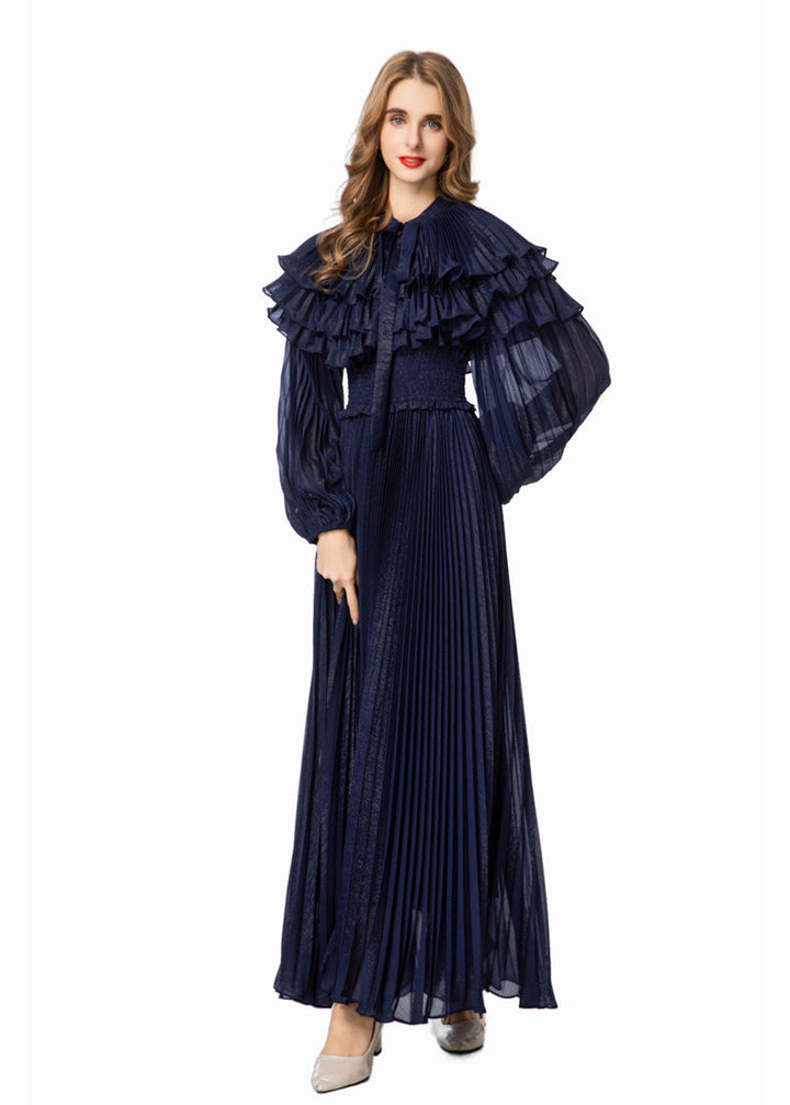 pleated chiffon maxi dress with layered ruffle collar – SERAPHINA