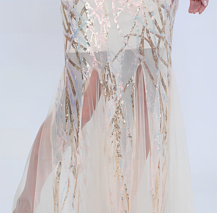 فستان بدون أكمام مزين بالترتر مع حافة من التول الشفاف – سيليستينا