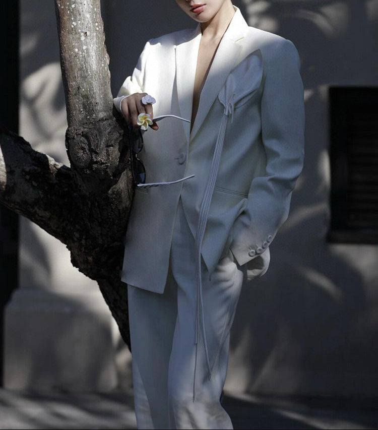 draped satin-detail blazer with wide-leg trousers – LUMIERA