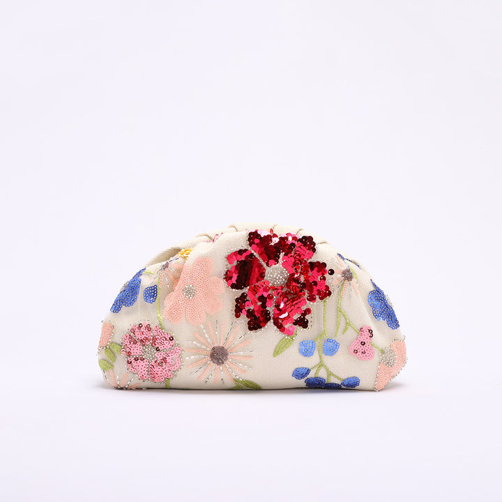حقيبة كلاتش مزينة بالترتر الزهري مع أزهار مطرزة – أمورزا