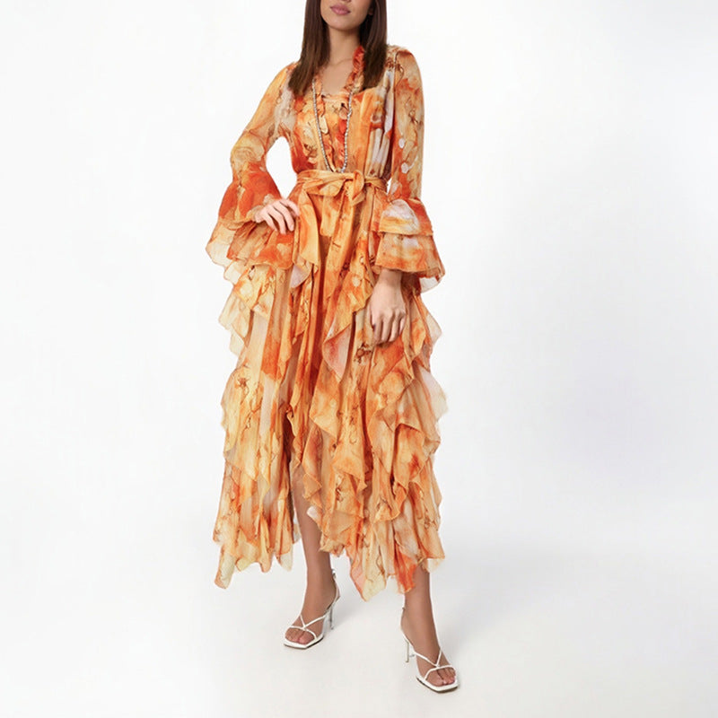 فستان ملفوف مطبوع مع حافة مكشكشة متعددة الطبقات – سيرينابو