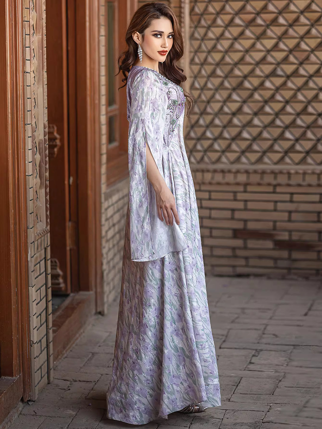Embroidered Flowing Maxi Dress with Wide Sleeves – LILAC