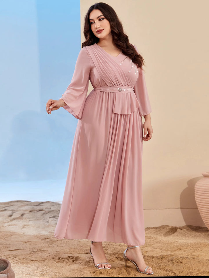 draped long sleeve gown with belted waist - AMANKA