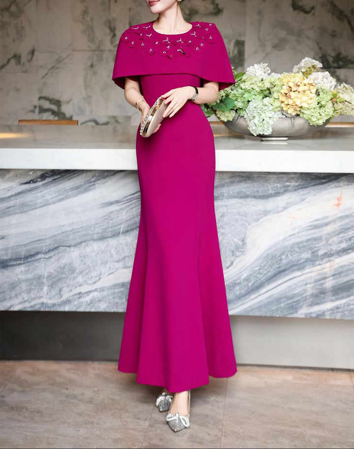 cape-shoulder mermaid dress with embellished neckline – FUCHSIA