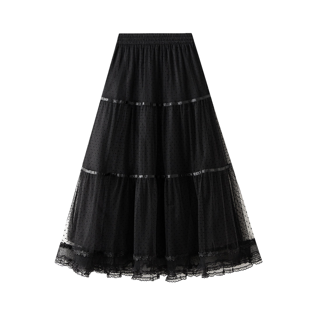 tiered dotted tulle midi skirt with lace trim – ELIORA