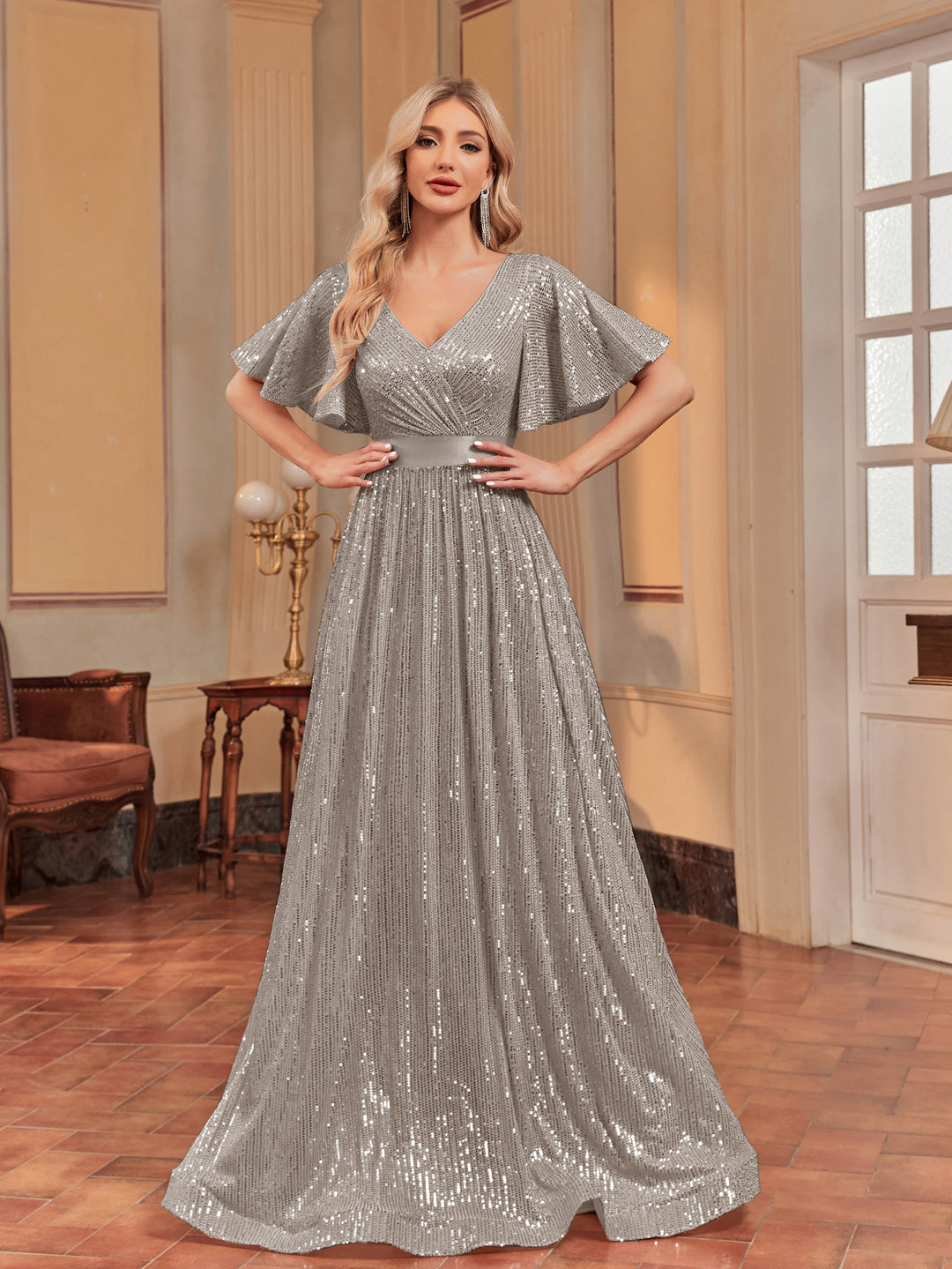 Plissiertes Oberteil mit ausgestellten Ärmeln und Maxirock-Set mit Taillengürtel – Rosiny 