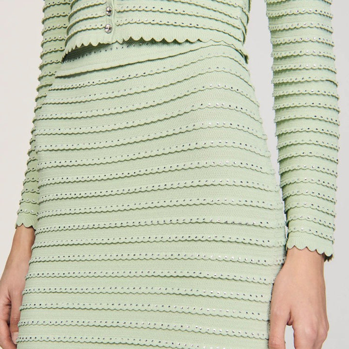 褶皱喇叭袖上衣和高腰裙套装，配腰带 – Rosiny 