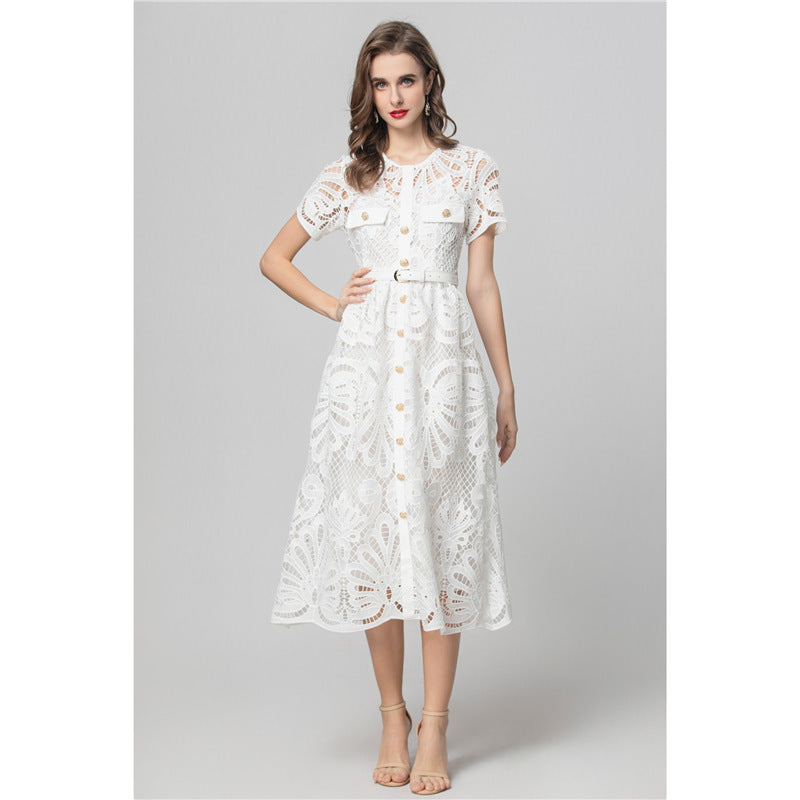 short-sleeve lace midi dress with belt – SERENA