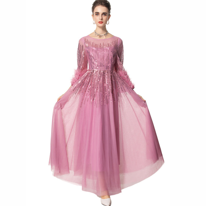sequin tulle gown with feathered sleeves - CELESVE