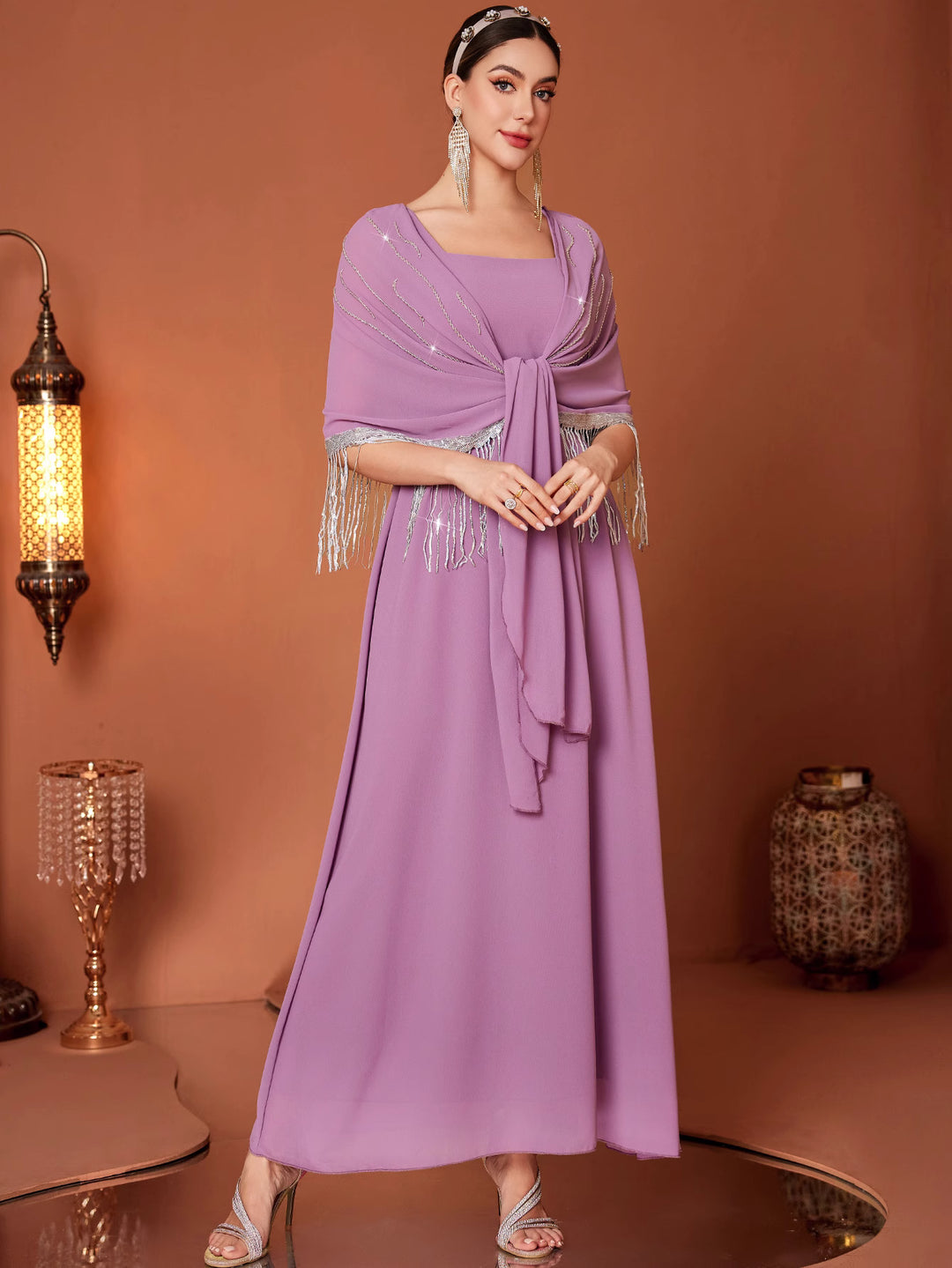 sleeveless column dress with draped fringe cape - AMIXUNA