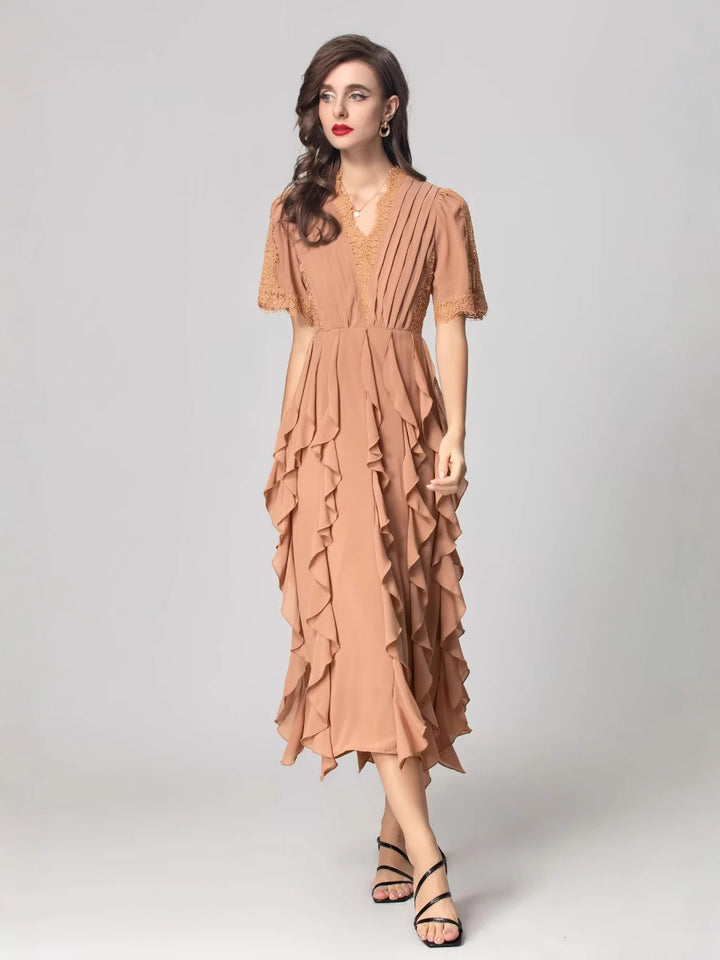 pleated lace midi dress with cascading ruffles – SIENNA