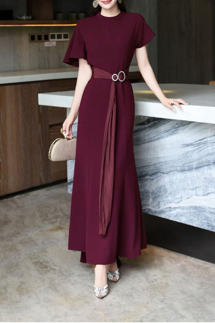 elegant flutter-sleeve maxi dress with draped belt – DARIA