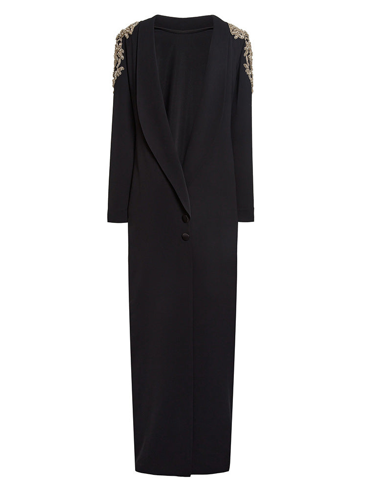 Crystal Embellished Shoulder Blazer Maxi Dress – NOIR