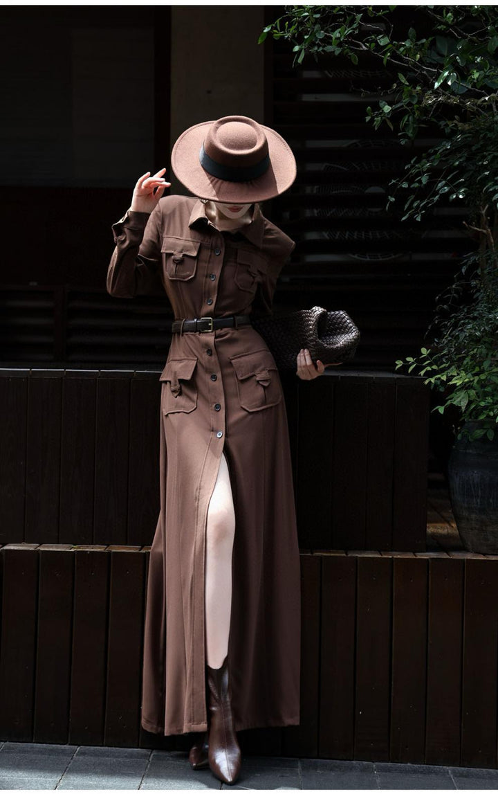 فستان عسكري ماكسي بأزرار وخصر بحزام – قيادة نوير