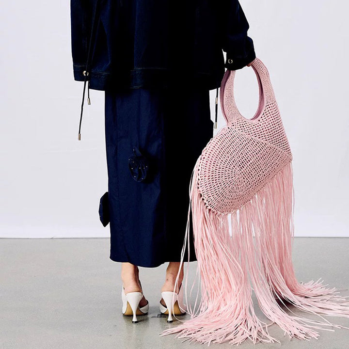 woven fringe tote bag with round handle – SIENARU