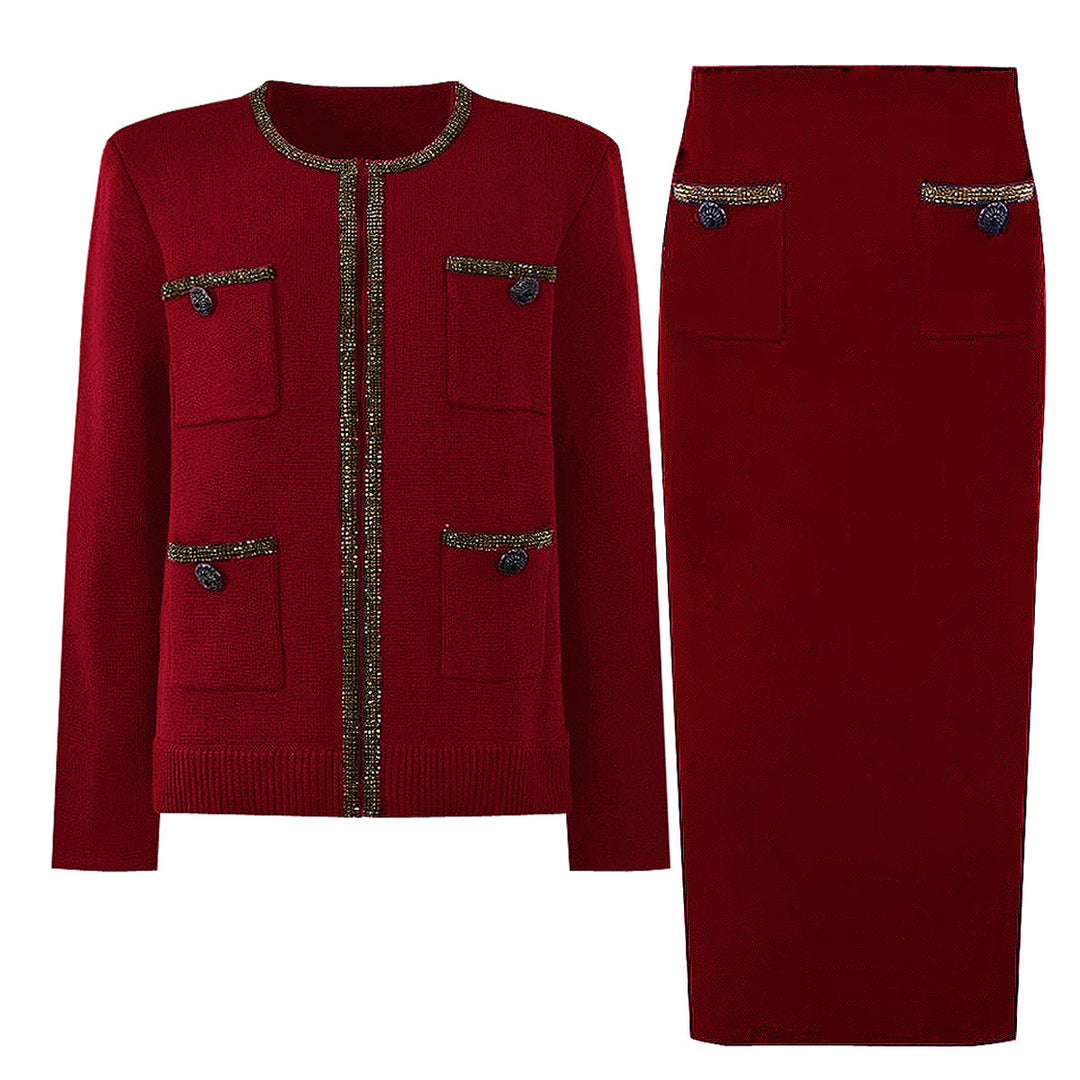 long-sleeve tweed jacket and pencil skirt set with metallic trim - NOVADRO