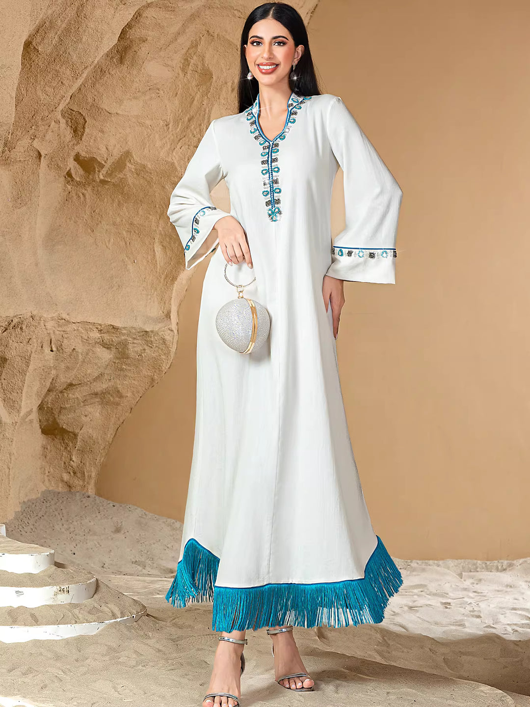 Embroidered White Maxi Dress with Fringe Hem – AZURA