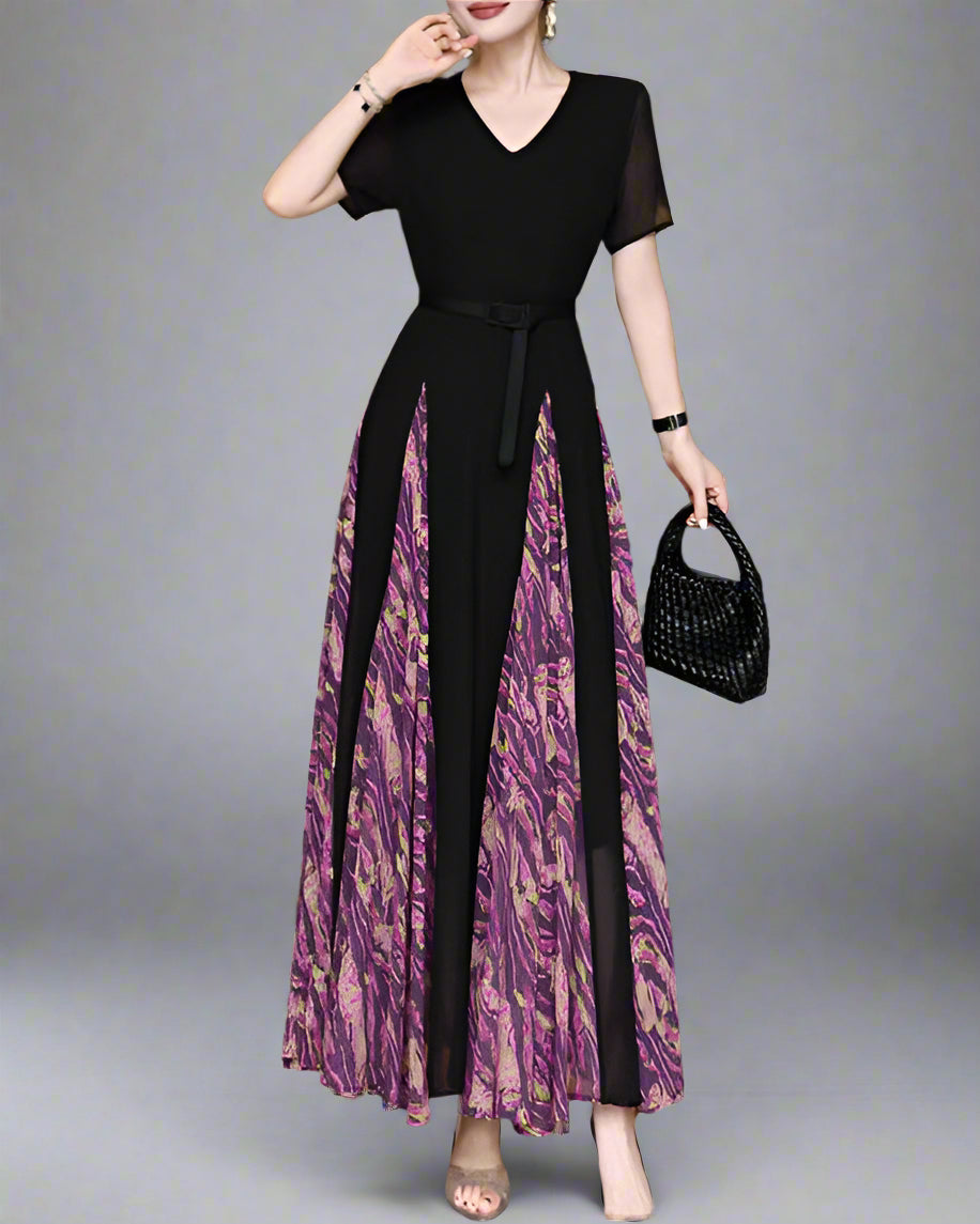 short sleeve belted maxi dress with printed panels - EVORA