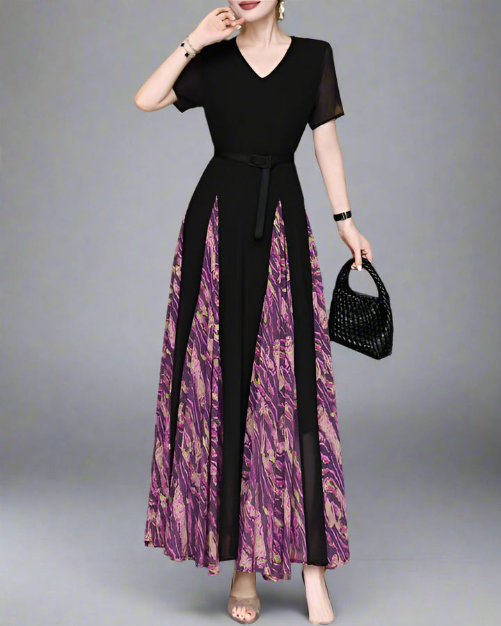 short sleeve belted maxi dress with printed panels - EVORA
