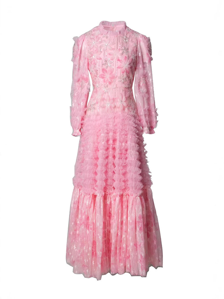 ruffled tulle gown with floral appliqué – ROSABELLA