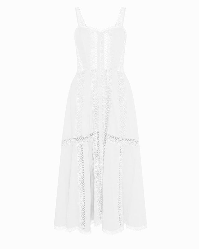 sleeveless lace-trimmed midi dress with corset bodice – NORIZA