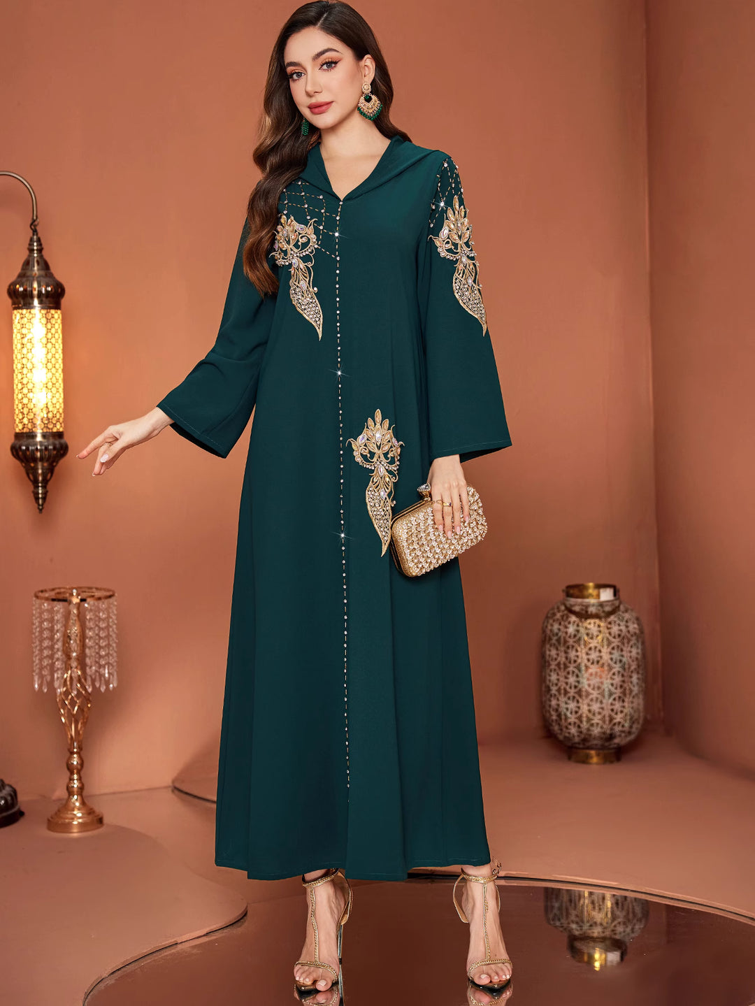 flared sleeve kaftan dress with embellished appliqués - AMIRZANU
