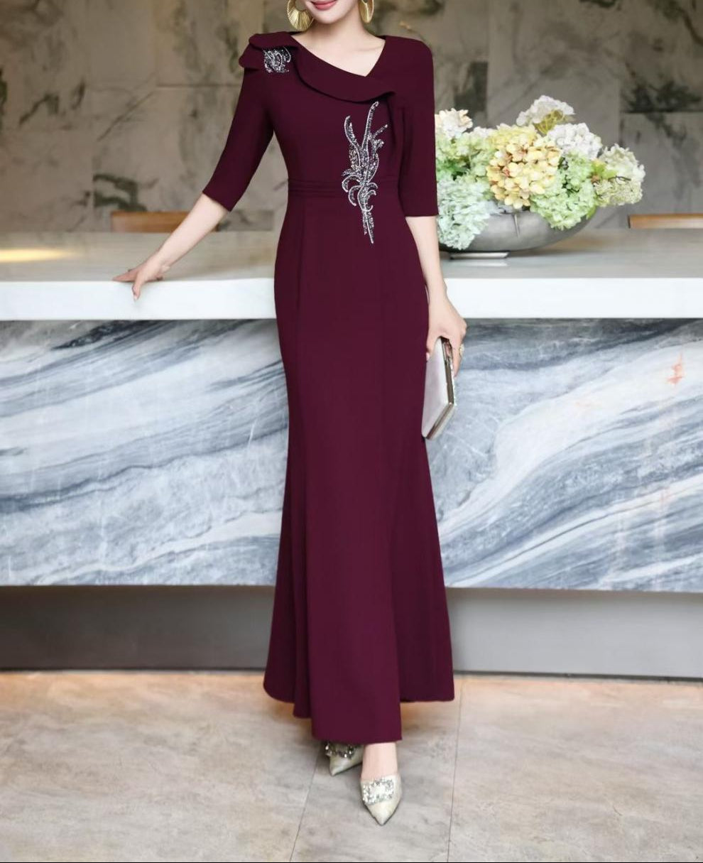 embellished draped-collar mermaid dress – ROYAL FUCHSIA