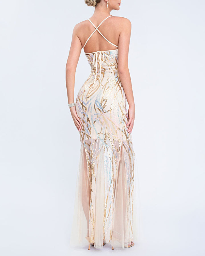 فستان بدون أكمام مزين بالترتر مع حافة من التول الشفاف – سيليستينا