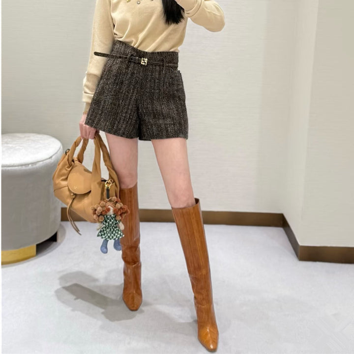 caramel knee-high leather boots with curved heel – SIENNA