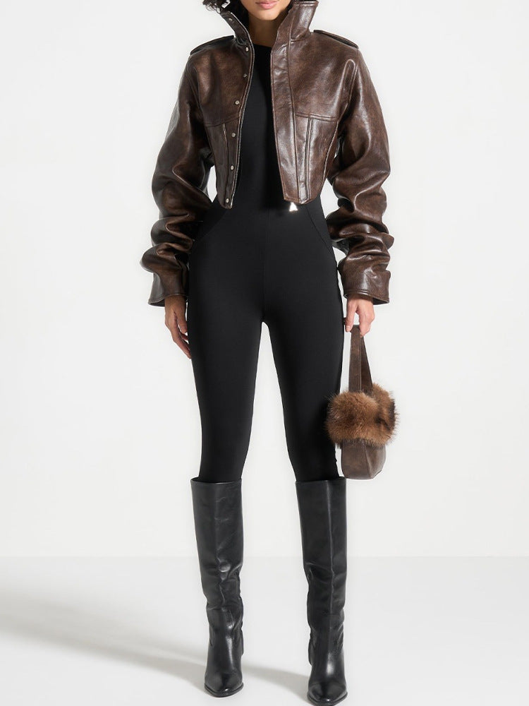 cropped leather jacket with high collar – AERO
