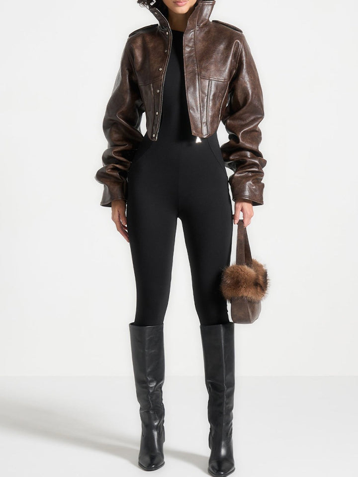 cropped leather jacket with high collar – AERO