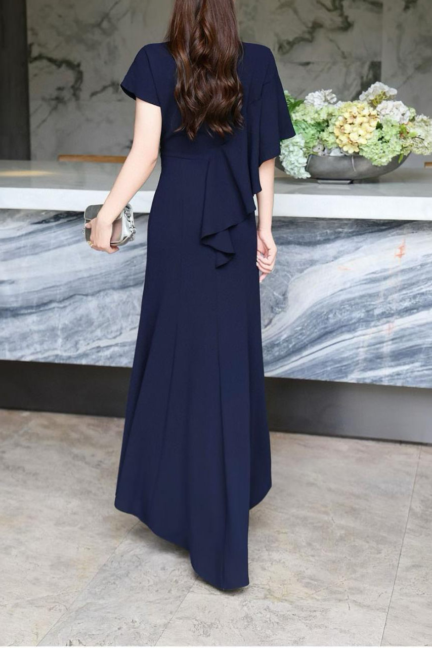 elegant flutter-sleeve maxi dress with draped belt – DARIA