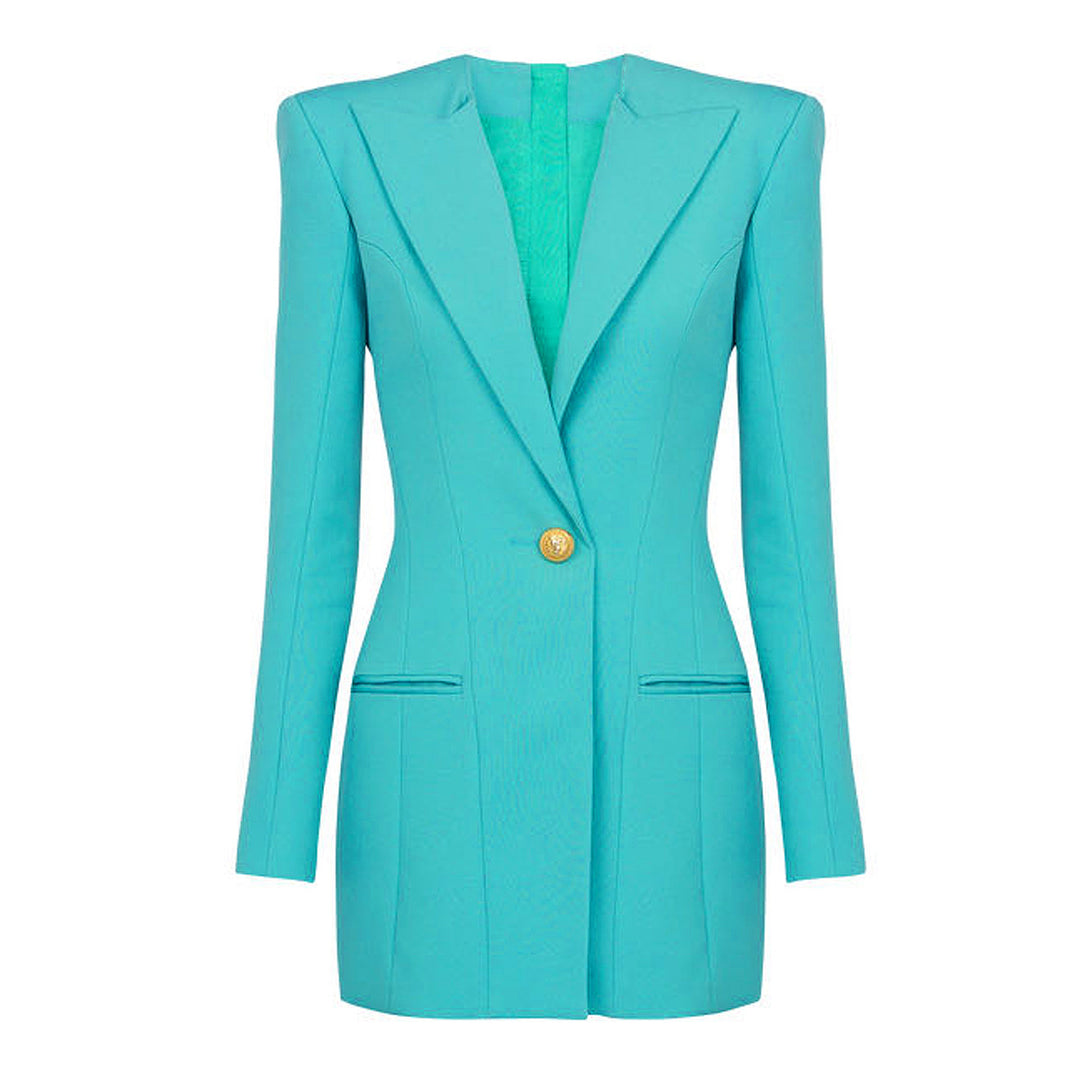 structured blazer mini dress with single gold button – AURA