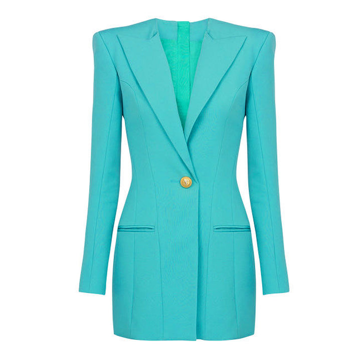 structured blazer mini dress with single gold button – AURA