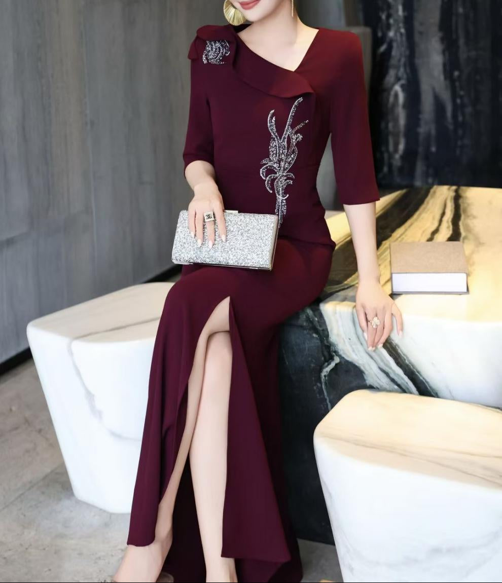 embellished draped-collar mermaid dress – ROYAL FUCHSIA