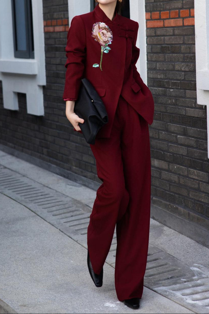 black tailored blazer with sequin floral embroidery – ARLETTE